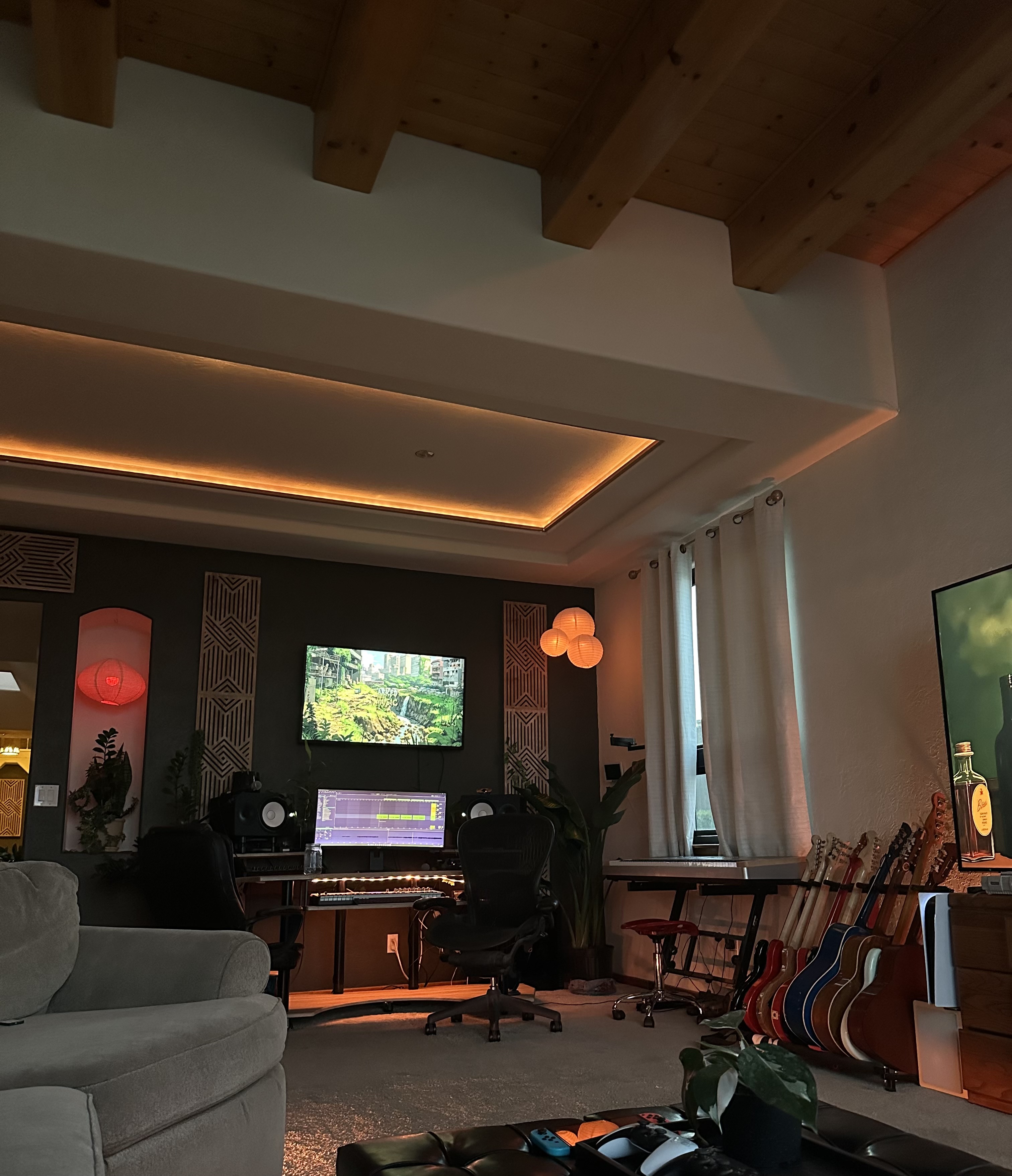 Studio A at Arked Music: wood acoustic panels, monitors, and plants