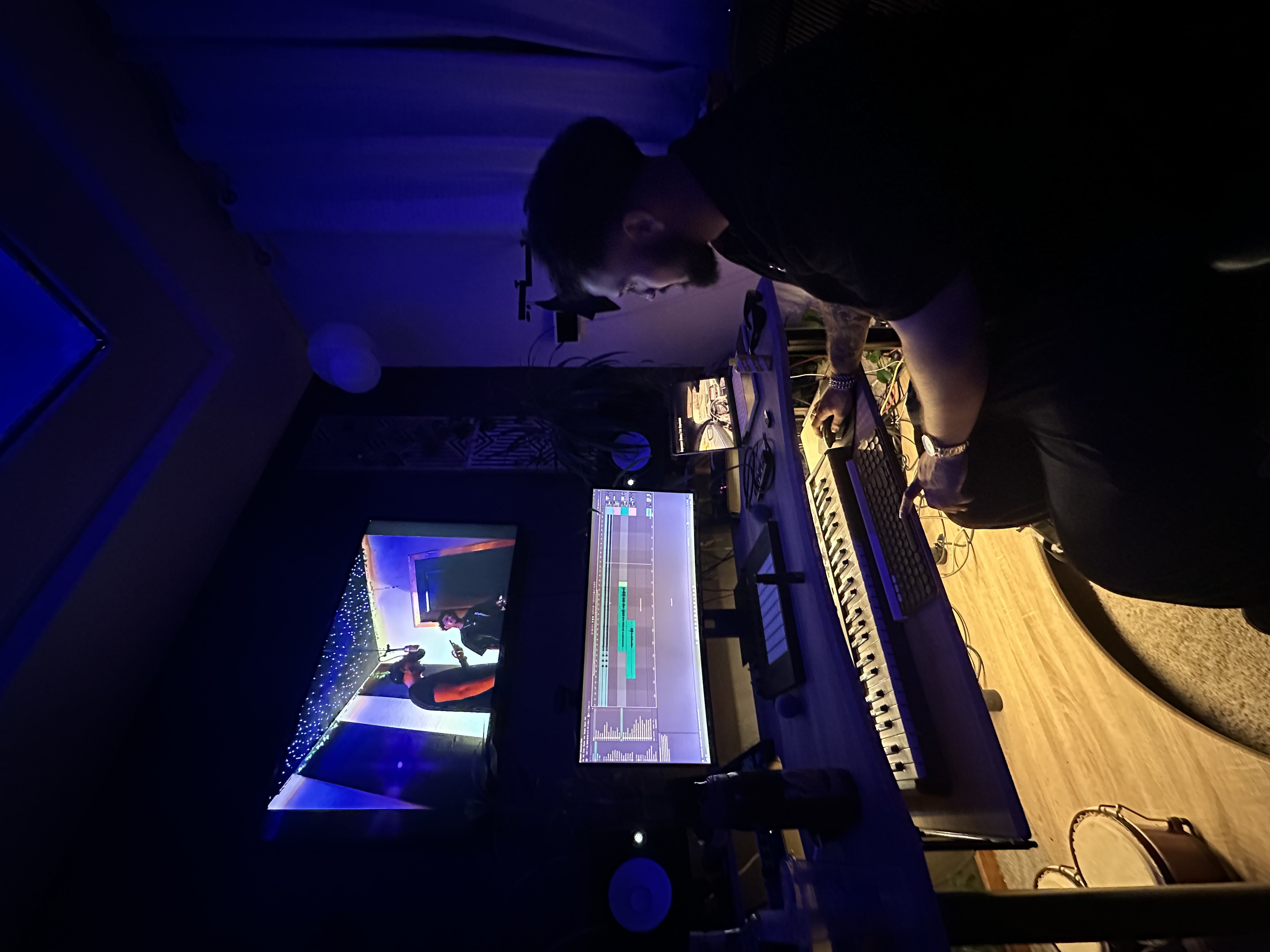 Filming a session in Studio A with the booth feed on screen
